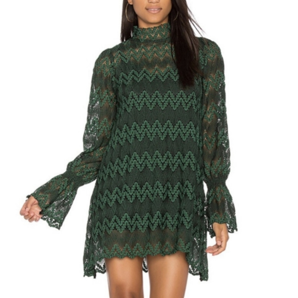 FREE PEOPLE • Simone Mock Neck Lace Dress • Mini in  Hunter Green